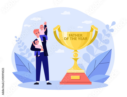 Father of year award vector illustration. Happy dad carrying children on shoulder and hands, waving hand, getting prize for being best parent. Fathers day, family, love, parenthood concept