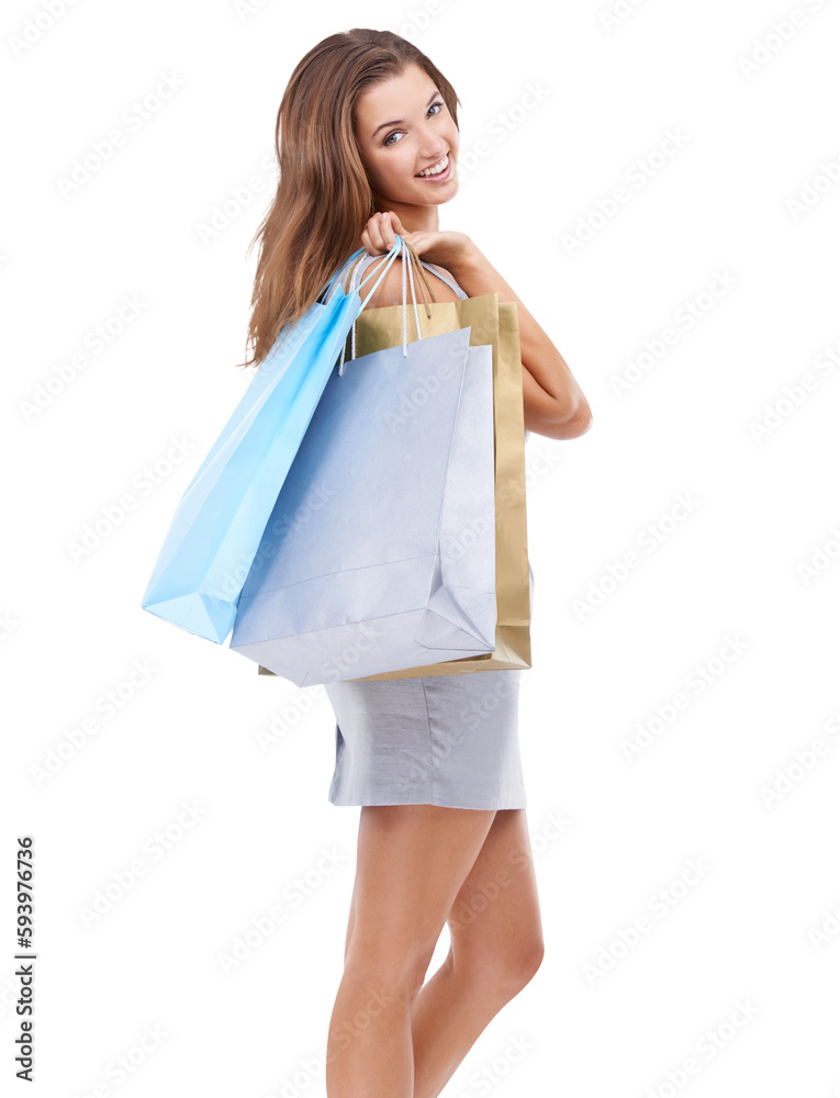 Woman, shopping bags and portrait smile for purchase standing. Happy attractive female shopper carrying gifts smiling in happiness for sale, discount or deal isolated on a transparent png background Woman, shopping bags and portrait smile for purchase standing. Happy attractive female shopper carrying gifts smiling in happiness for sale, discount or deal isolated on a transparent png background