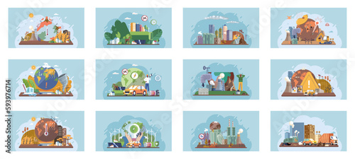 Saving the planet, World Environment Day. Planet Earth in smoke, plastic, garbage. Global warming set. Greenhouse effect of CO2. Eco activist. Ecological catastrophy. Earth with reasons of destroying