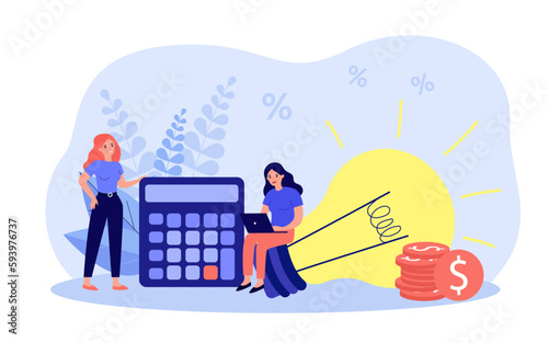 People calculating utility bills vector illustration. Tiny young women with calculator and light bulb managing finance, worrying about costs increase. Energy consumption, cost of living concept