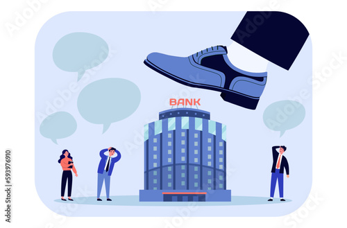 Bank collapsing vector illustration. Big foot stepping on bank building, scared workers and depositors panicking. Bankruptcy, financial crisis, deposit growth, bank failure concept