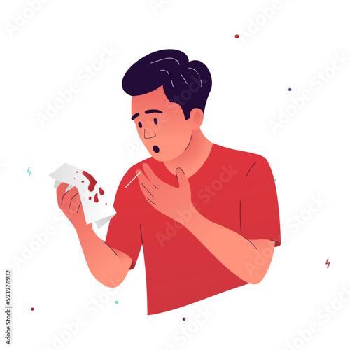 Vector illustration of a character who coughs up blood. A man holds a handkerchief with blood stains after coughing. Symptoms of tuberculosis, bronchitis, pneumonia, chest trauma, lung cancer.