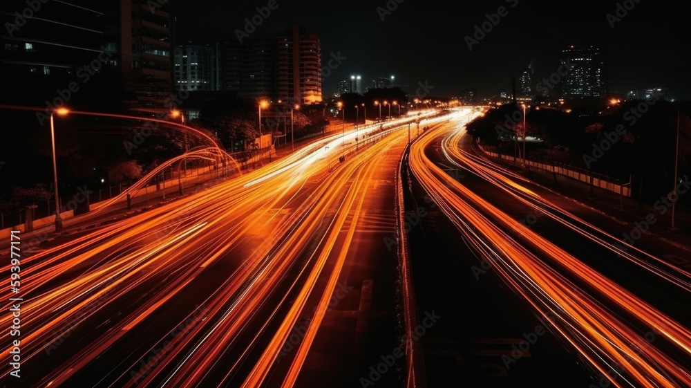 Long exposure dynamic speed light trails in an urban environment at night closeup. Generative AI