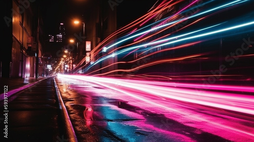 Long exposure dynamic speed light trails in an urban environment at night closeup. Generative AI