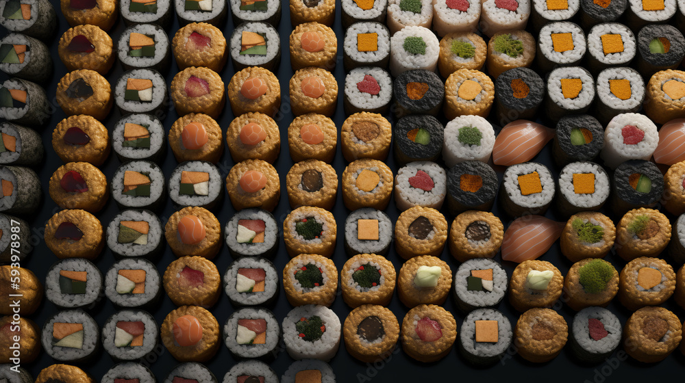 Seamless pattern with sushi. Food abstract background. Sushi on the black background. Al generated Seamless pattern with sushi. Food abstract background. Sushi on the black background. Al generated