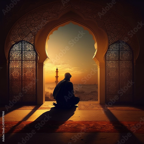 Muslim praying in a mosque. Generative AI.