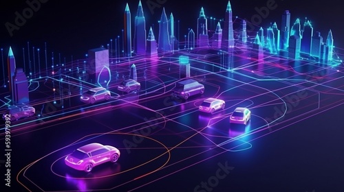 Connecting dots in an abstract line with a smart city and car.The Generative AI © Satawat