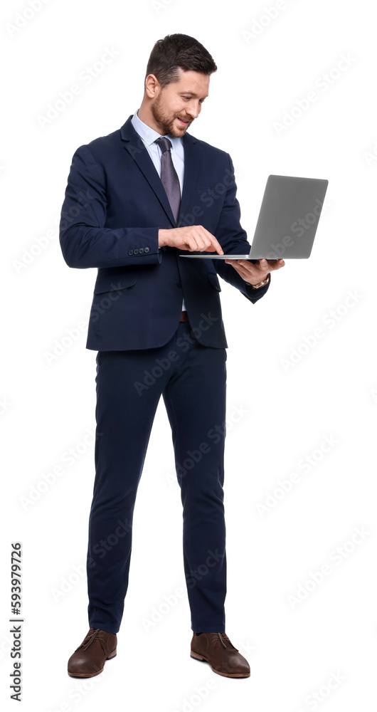 Handsome bearded businessman in suit with laptop on white background Handsome bearded businessman in suit with laptop on white background