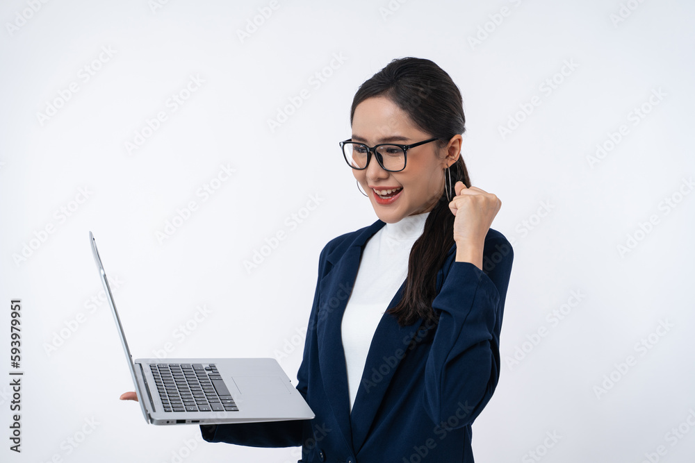 Happy young Asian businesswoman in a glasses with smile holding laptop computer isolated on white background. Happy young Asian businesswoman in a glasses with smile holding laptop computer isolated on white background.