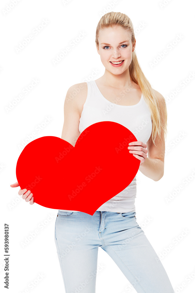 Valentines day, portrait and woman with heart in studio with smile for romantic gesture. Happiness, excited and female model from Australia holding love shape isolated on a transparent png background Valentines day, portrait and woman with heart in studio with smile for romantic gesture. Happiness, excited and female model from Australia holding love shape isolated on a transparent png background