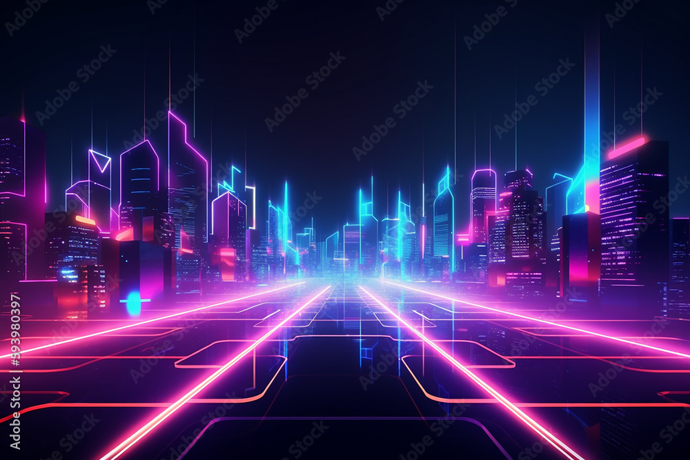 Abstract futuristic city in neon pink and blue colors. Generative AI