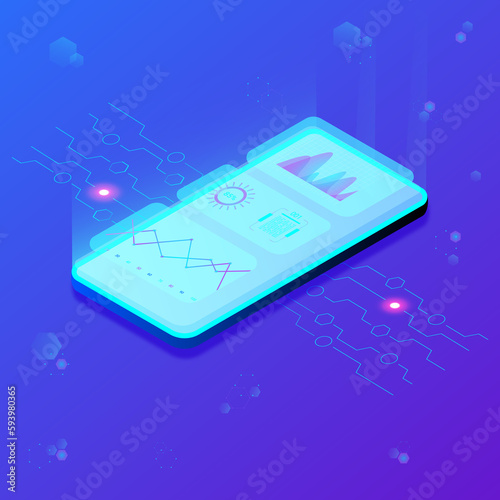 Phone isometric tech neon illustration.