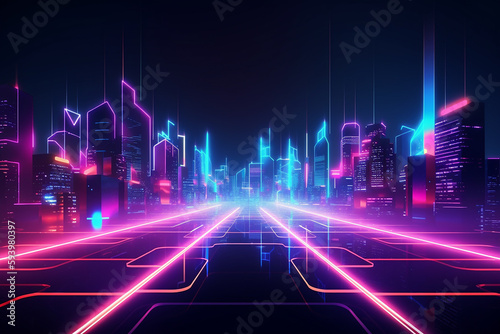 Abstract futuristic city in neon pink and blue colors. Generative AI