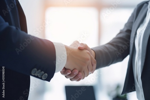Closeup of a business hand shake between two colleagues in a office. AI Genterative Illustrations