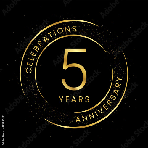 5th anniversary, golden anniversary with a circle, line, and glitter on a black background.