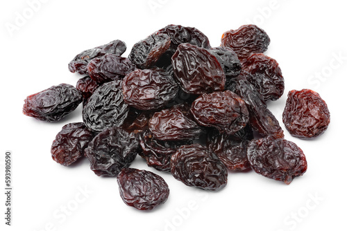 Heap of black flame raisins from Chili close up isolated on white background photo