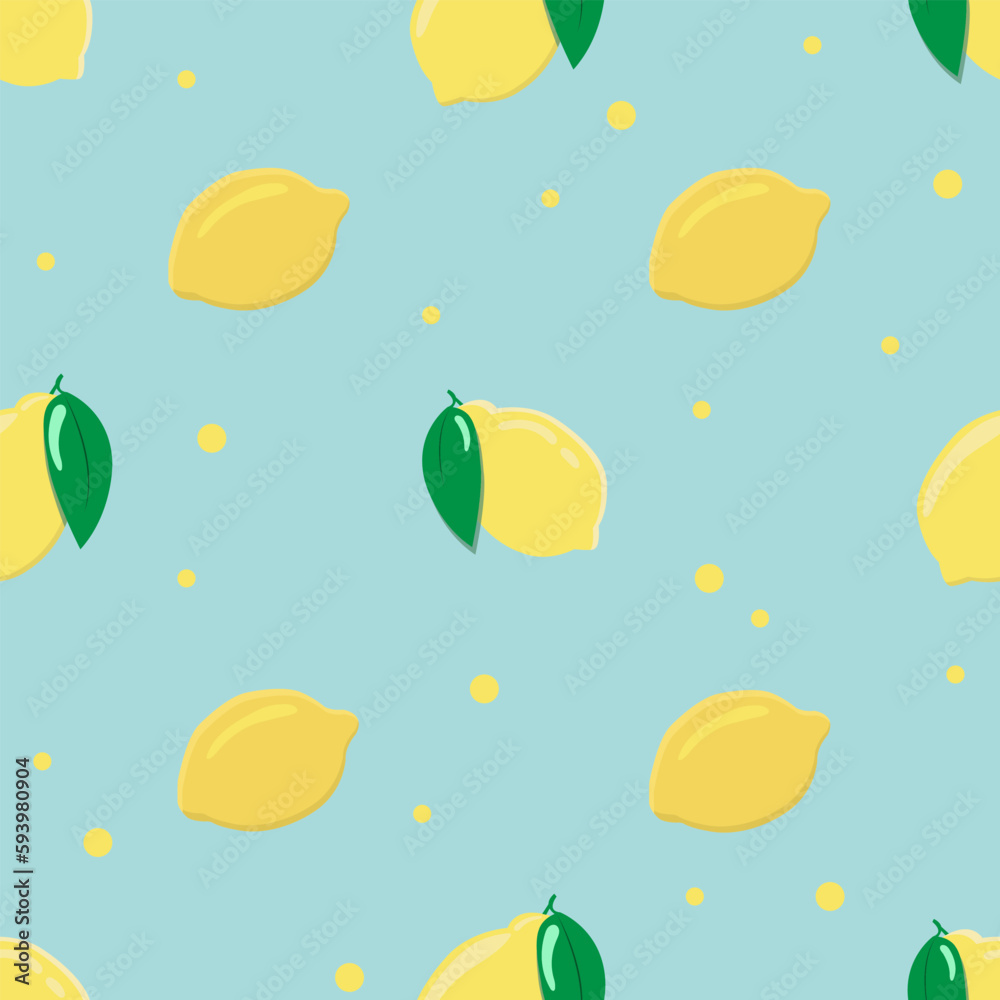 Seamless pattern with yellow lemons and little circles on a light-blue background in doodle style. For web, print, wrapping, fabric, paper, card, decoration. 