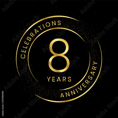 8th anniversary, golden anniversary with a circle, line, and glitter on a black background.