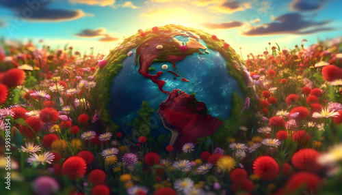 Planet earth with flowers bed. Concept of earth day  environmental day or national flower day.