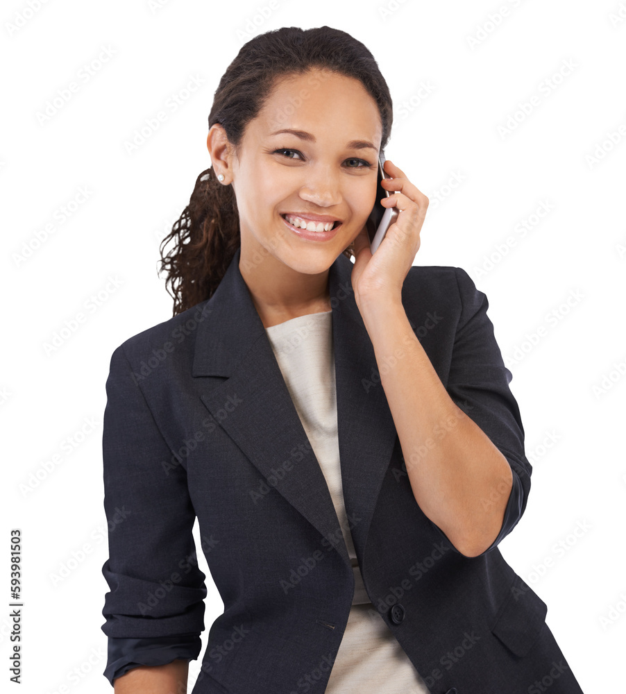 Business, phone call and portrait of happy woman in studio for negotiation, networking and discussion. Smartphone, contact and face of professional talking against isolated transparent png background Business, phone call and portrait of happy woman in studio for negotiation, networking and discussion. Smartphone, contact and face of professional talking against isolated transparent png background
