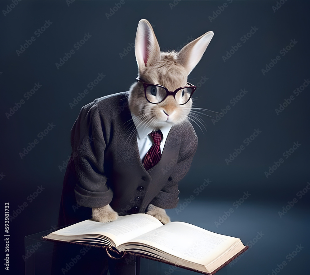 Human like rabbit with suit coat and book.