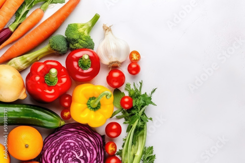 Colorful vegetables on white table, flat lay. Raw vegan ingredients. Generative AI