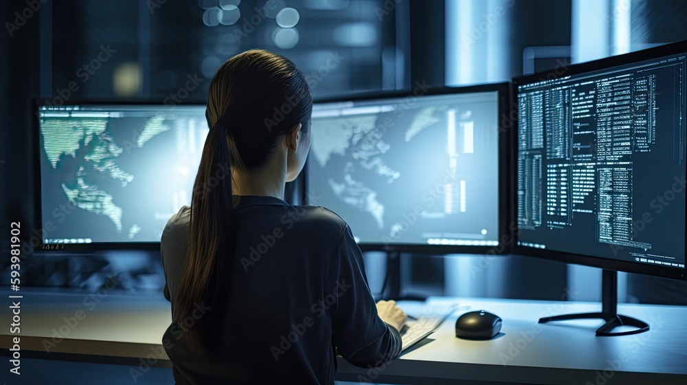 Woman working on multiple monitors with data and world maps. Woman working on multiple monitors with data and world maps.