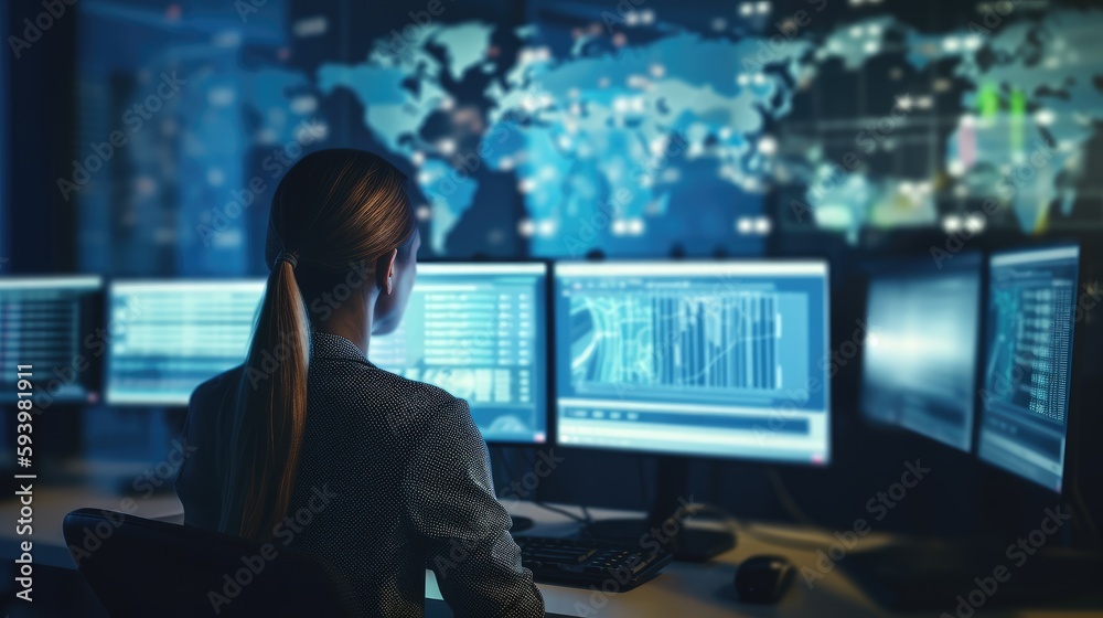 Professional at a workstation with screens showing data analysis. Professional at a workstation with screens showing data analysis.