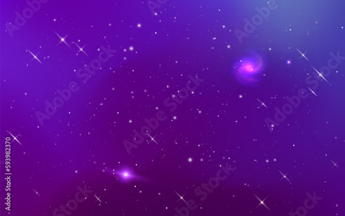 Purple galaxy. Bright color space. Magic nebula with shining stars. Universe with glitter effect. Futuristic cosmic background. Colorful night sky. Vector illustration