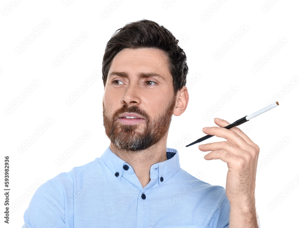 Man using long cigarette holder for smoking isolated on white Man using long cigarette holder for smoking isolated on white