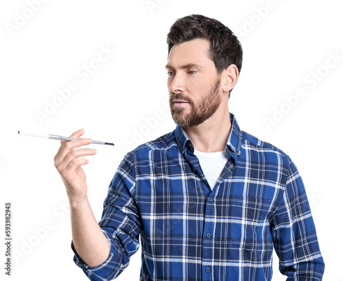 Man using long cigarette holder for smoking isolated on white
