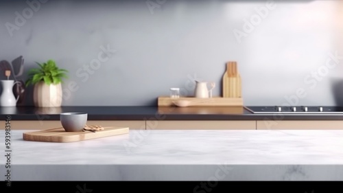 Over a contemporary white kitchen table, place your product display. The Generative AI