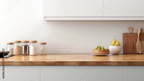 Over a contemporary white kitchen table  place your product display. The Generative AI