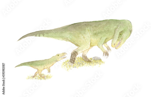 watercolor illustration with two dinosaurs  an adult Allosaurus  and her baby