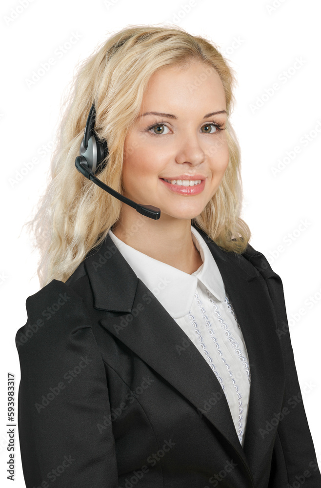 Young Friendly Businesswoman Talking on Headset - Isolated Young Friendly Businesswoman Talking on Headset - Isolated