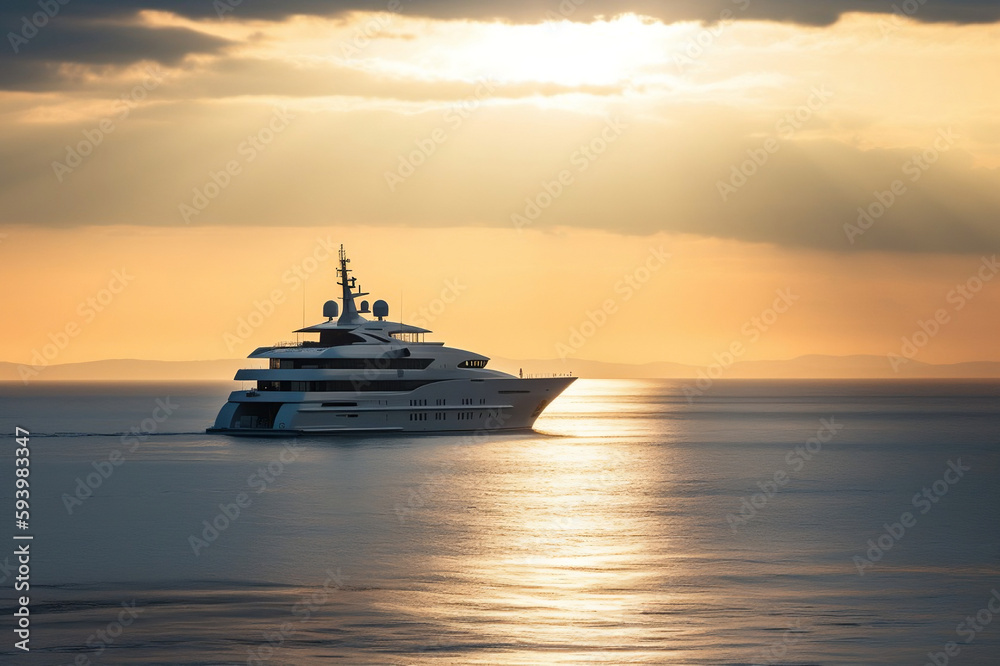Large private yacht ship at sunset