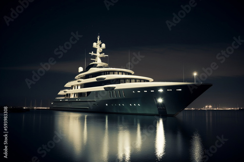 Large private yacht at night docked illuminated LED