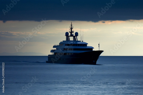 Large private yacht ship at sunset with cloudy sky