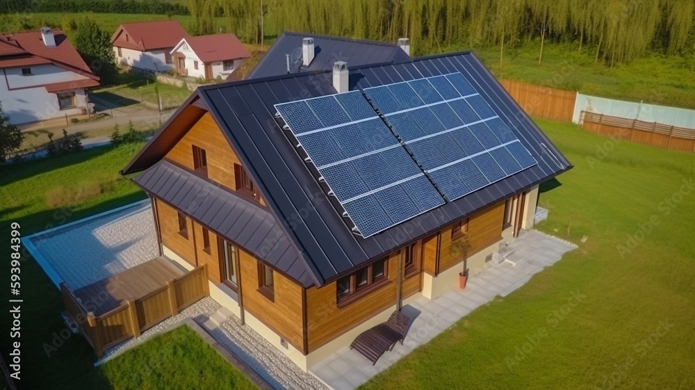 Aerial top view of a new house with a solar cell that is shiny. The Generative AI