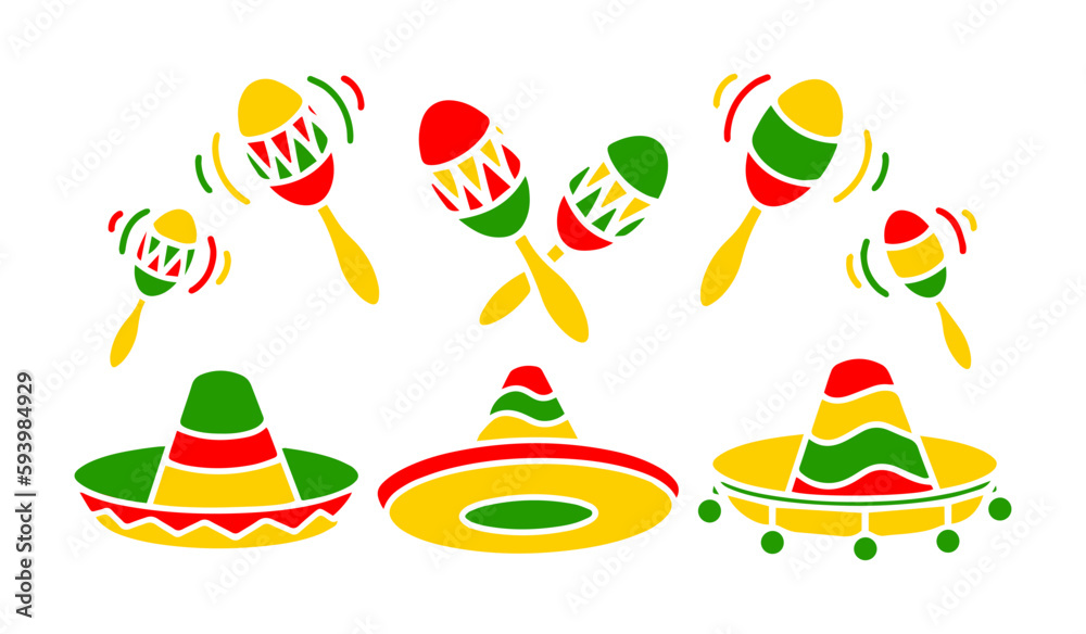 Mexican Sombrero And Maracas Vector Collection. Colorful Illustrations ...