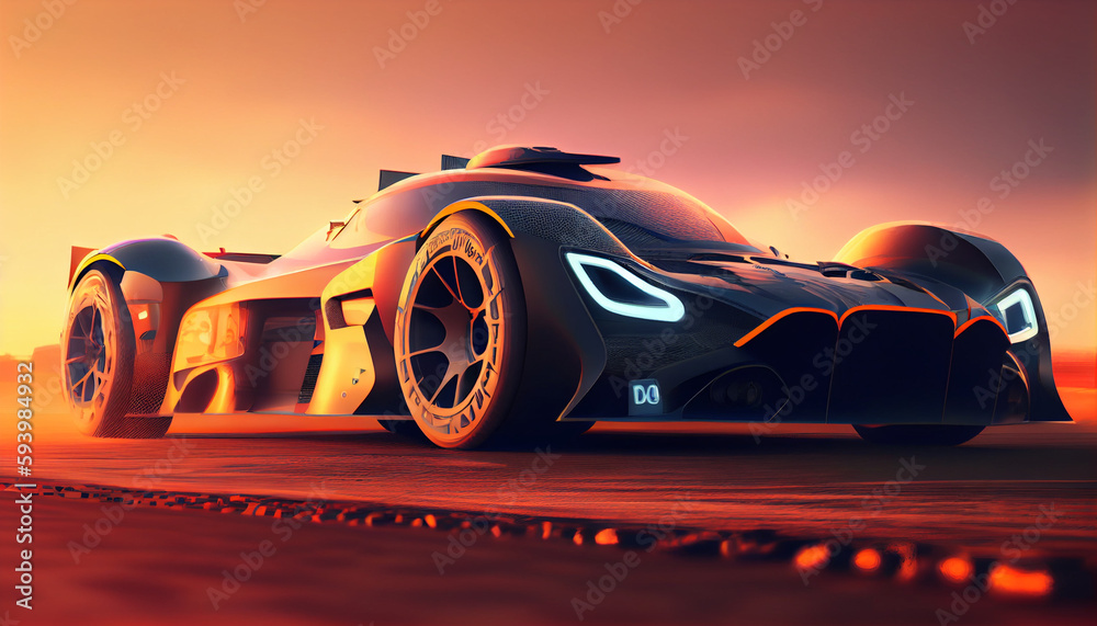 Sports car in sunset moment on road. Ai generated image 
