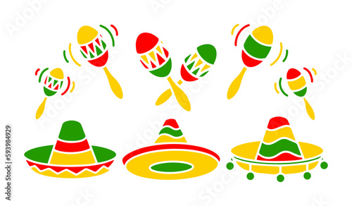 Mexican sombrero and Maracas vector collection. Colorful illustrations of traditional Mexican hat and musical instrument for Cinco de Mayo