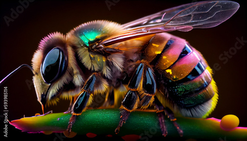 A stunning close-up of a honeybee on water, with a colorful abstract effect in the background that emphasizes the bee's natural beauty. Ai generated image 