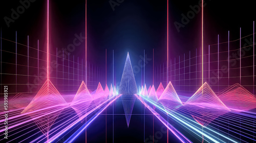 Abstract panoramic background with neon light and laser show created using generative AI - generative ai