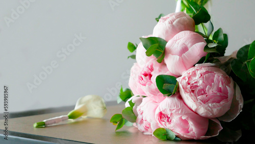 a bouquet of wedding flowers. Pink peonies