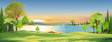 Nature Spring landscape with Green Field with Cloud, Blue Sky,Vector horizon Natural rural Countryside by the lake with forest tree,Mountains in Sunny day,Cartoon Vector for Spring,Summer banner