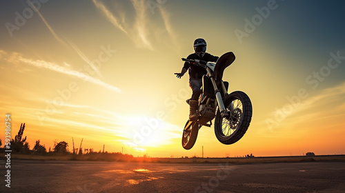 Motorradfahrer macht Stunts zum Sonnenuntergang KI © KNOPP VISION