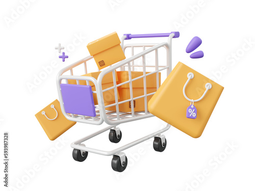 3d cartoon design illustration of Shopping cart with parcel box and shopping bags with discount tag, Shopping online concept.