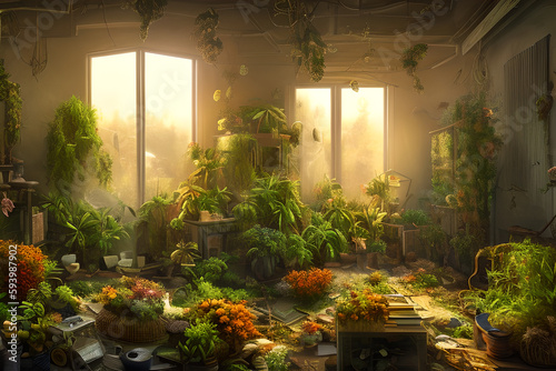 a room full of plants with sun light