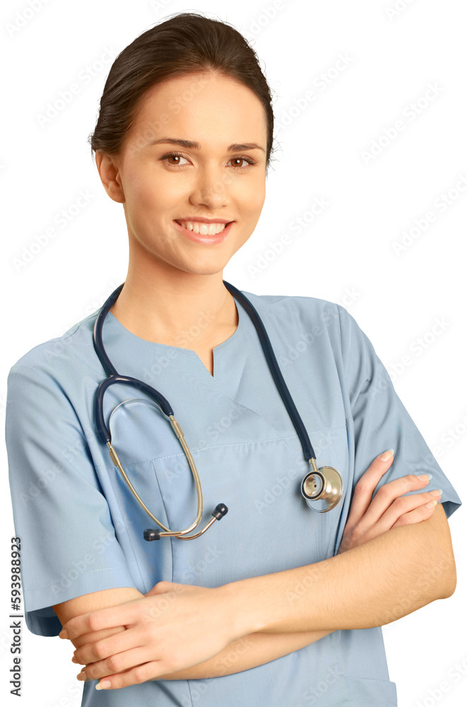 Female healthcare worker wearing scrubs and a stethoscope Female healthcare worker wearing scrubs and a stethoscope